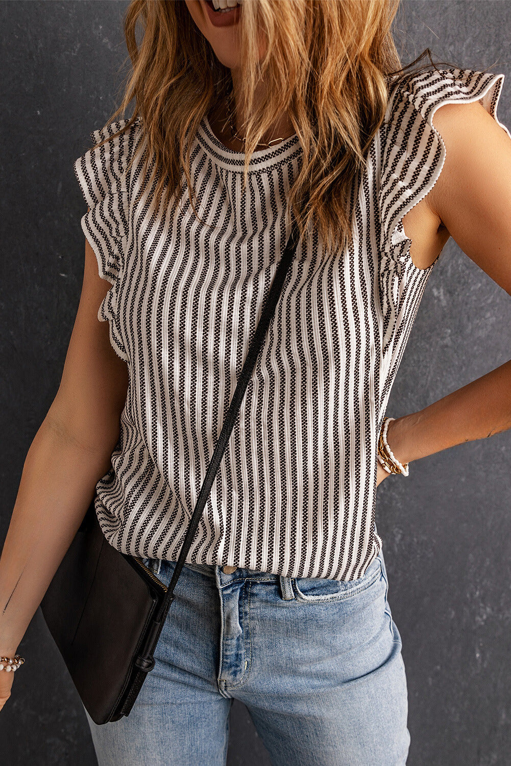Sofia Crew Neck Ruffled Striped Tank Top for Casual Chic Style - Love Salve 