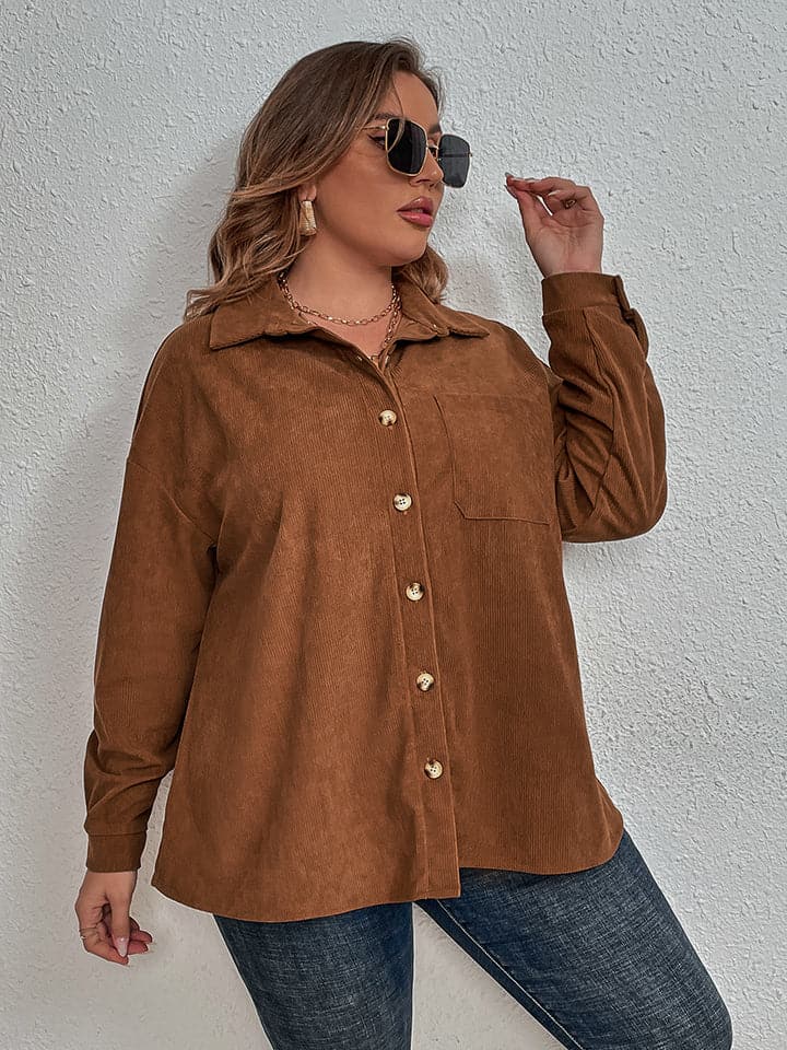 Plus Size Collared Neck Long Sleeve Shirt.