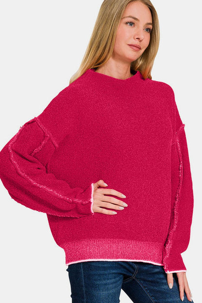 Zenana Exposed Seam Mock Neck Long Sleeve Sweater.