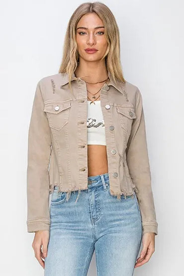 Risen Full Size Raw Hem Button Up Cropped Denim Jacket Plus Size - Love Salve 