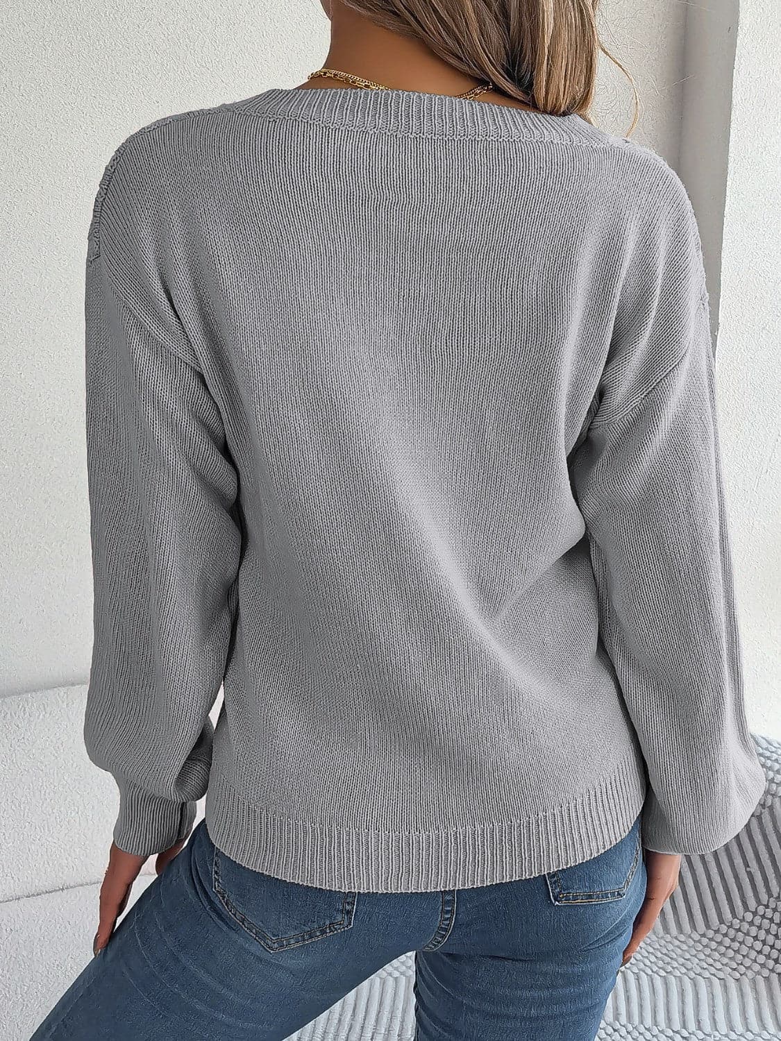 Cable-Knit V-Neck Lantern Sleeve Sweater.