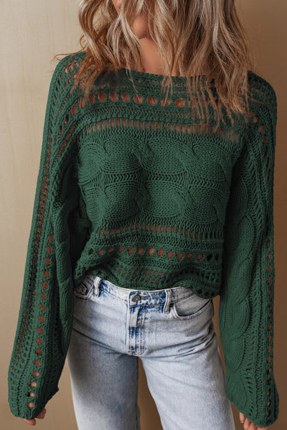 Chic blackish green cropped cable knit sweater with hollow-out design