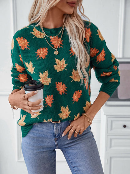 Maple Leaf Round Neck Long Sleeve Sweater