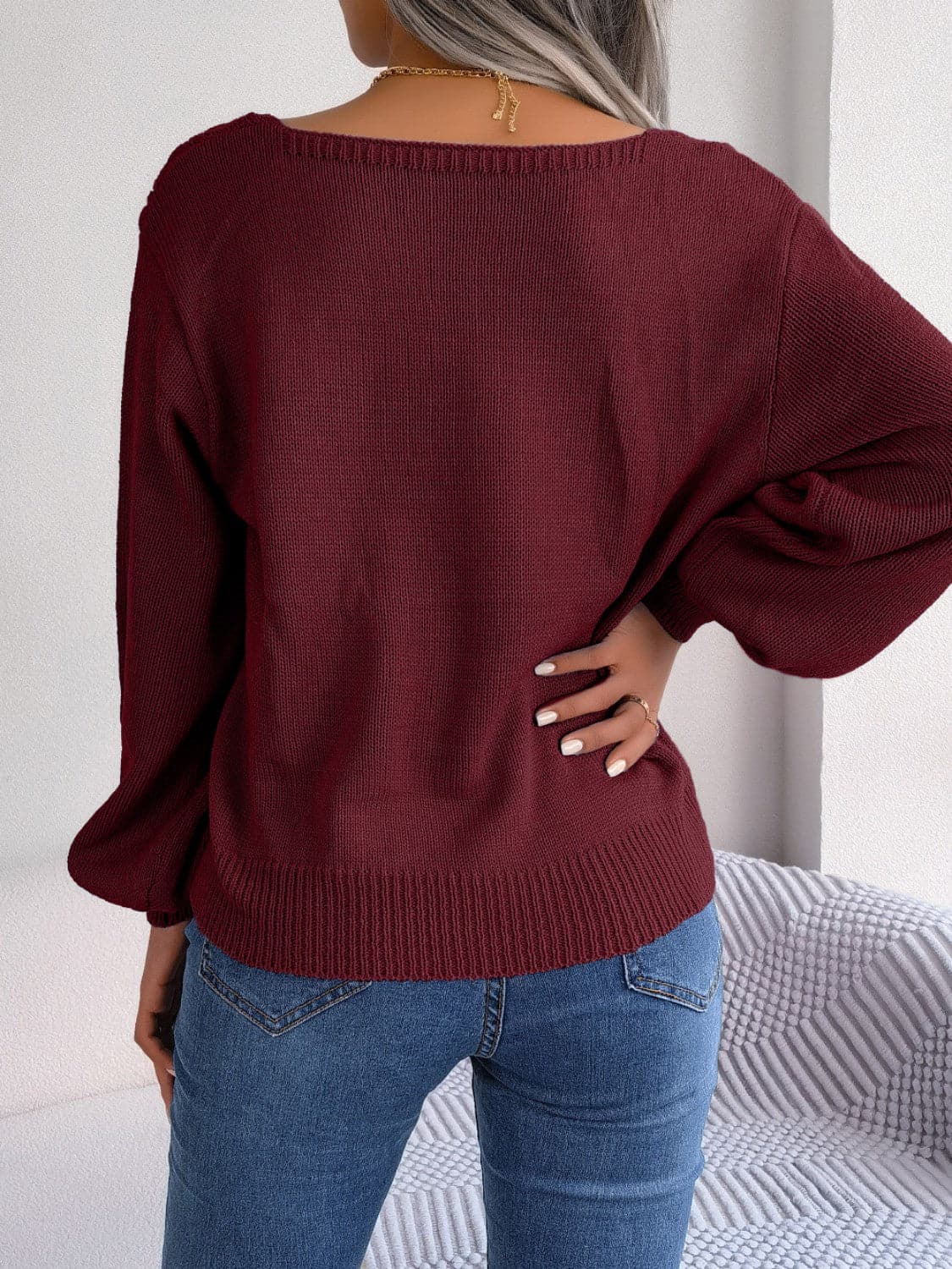 Cable-Knit Square Neck Long Sleeve Sweater.