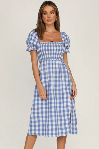 Full Size Slit Plaid Short Sleeve Midi Dress.