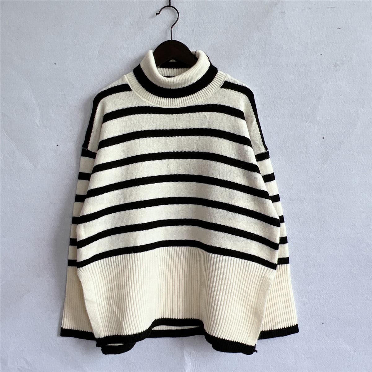 Striped Turtleneck Flare Sleeve Sweater.