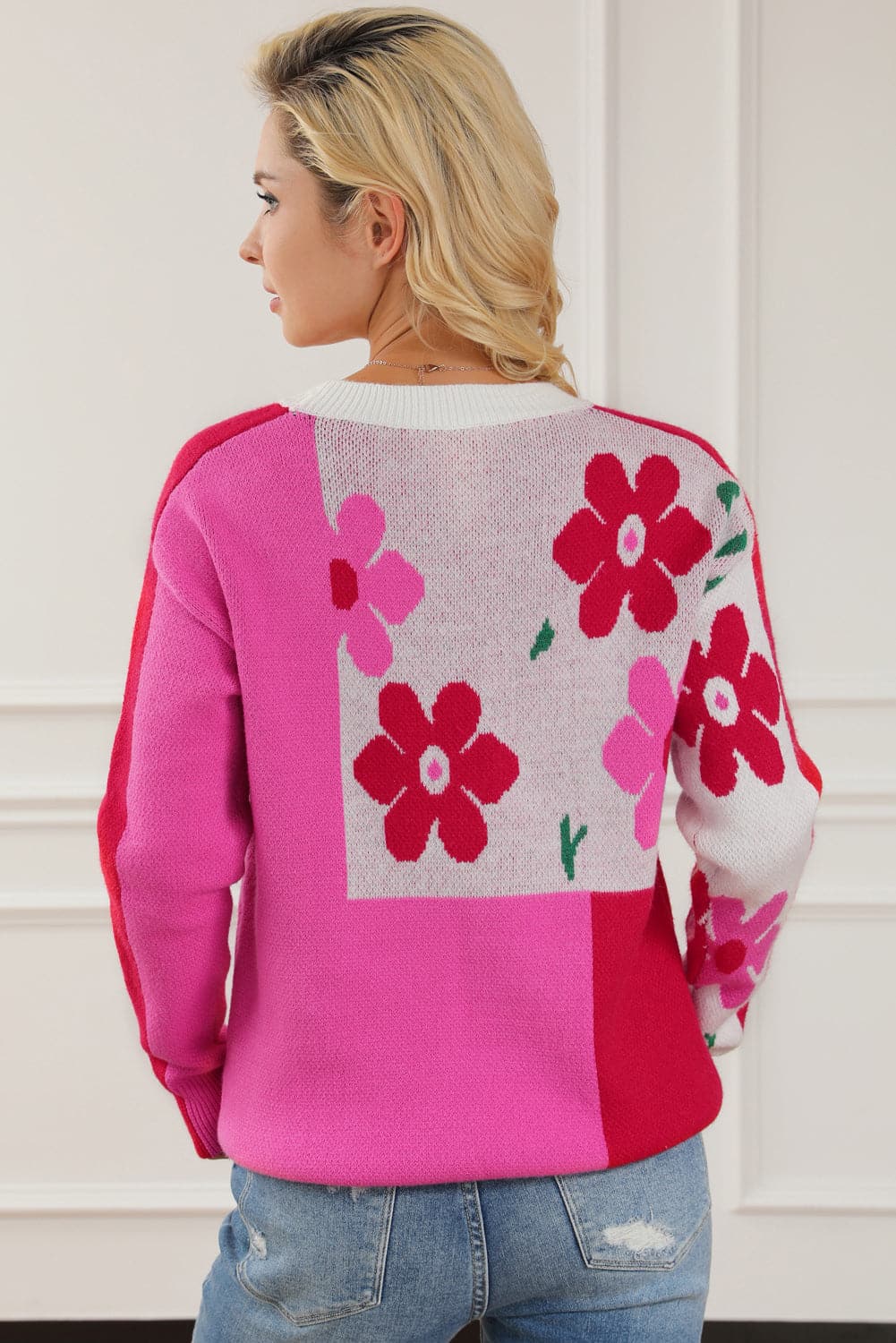 Floral Round Neck Dropped Shoulder Sweater.