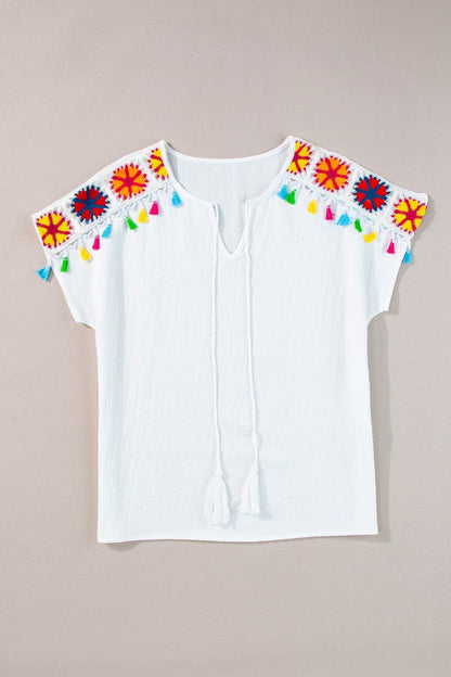 Tassel Tie Neck Short Sleeve Blouse.