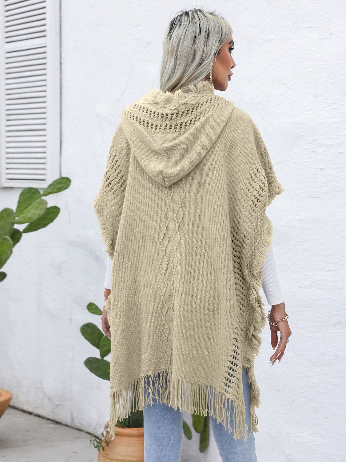 Fringe Trim Buttoned Hooded Poncho.