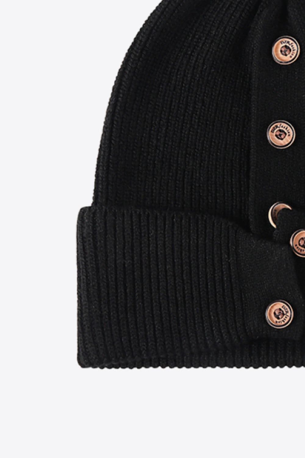 Button Detail Rib-Knit Cuff Beanie.