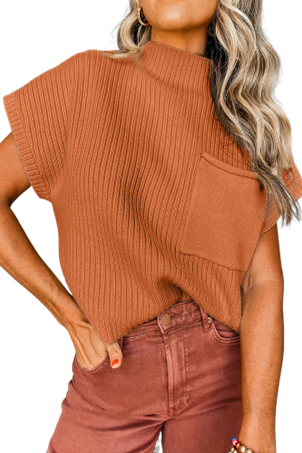 Cozy gold flame ribbed knit short sleeve sweater with patch pocket