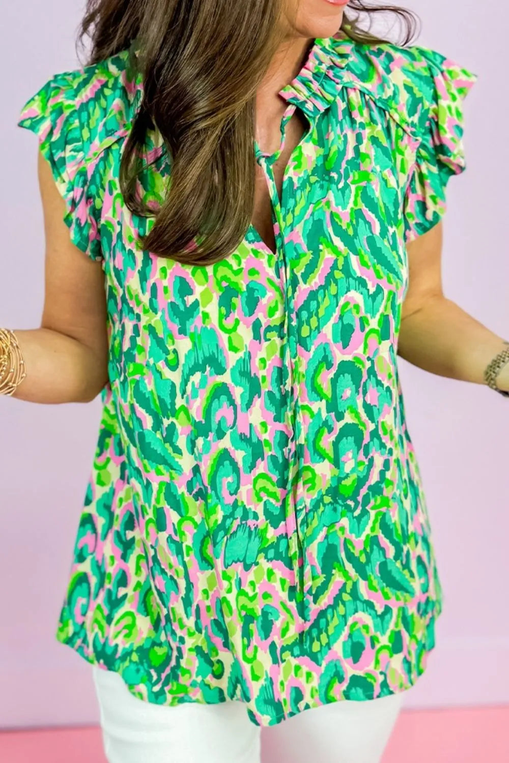 Abstract Print Ruffled Trim Tie Neck Top - Product back view by Simply Love