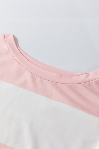 Chic light pink colorblock long sleeve top with drop shoulders