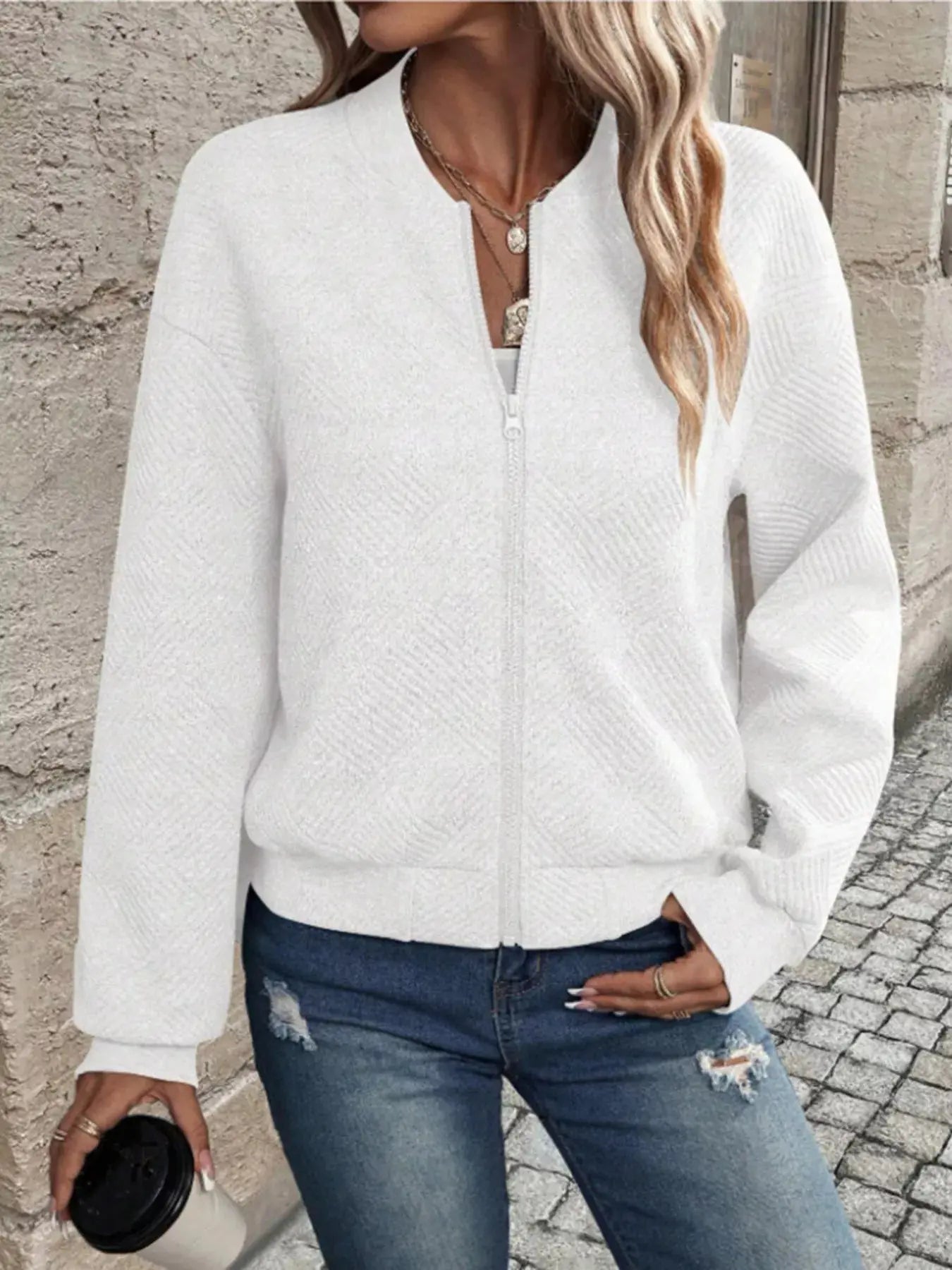 Textured Knit Zip-Up Bomber Jacket Simply Love