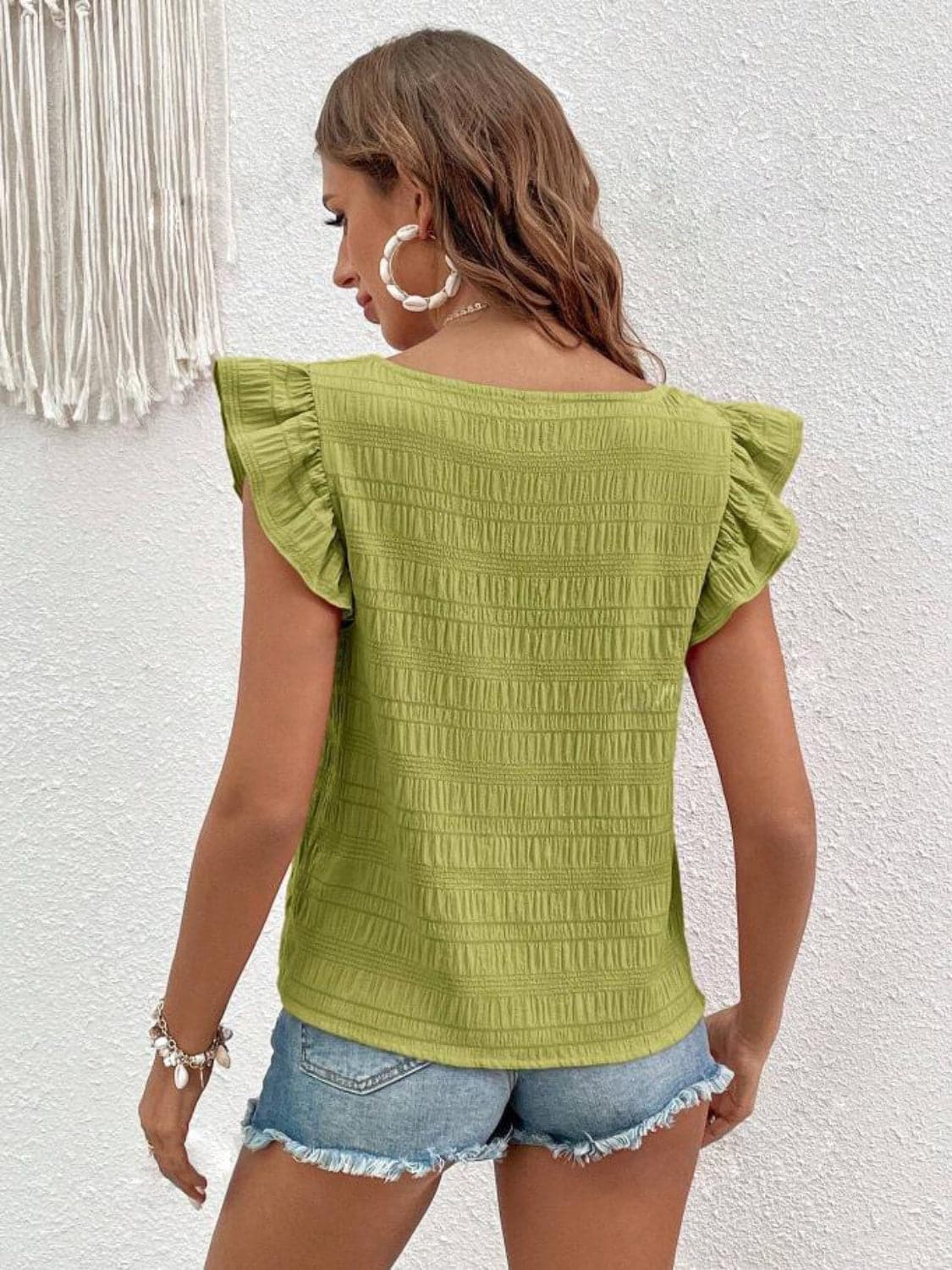 Ruffled Square Neck Cap Sleeve Blouse.