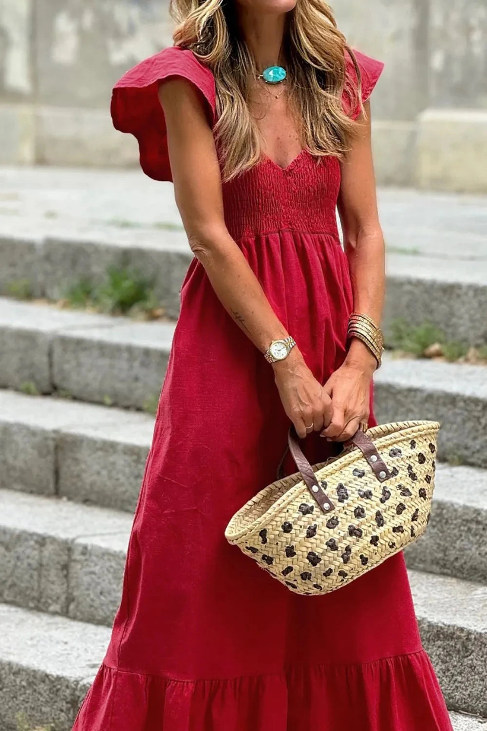 Smocked Tiered Cap Sleeve Maxi Dress Simply Love