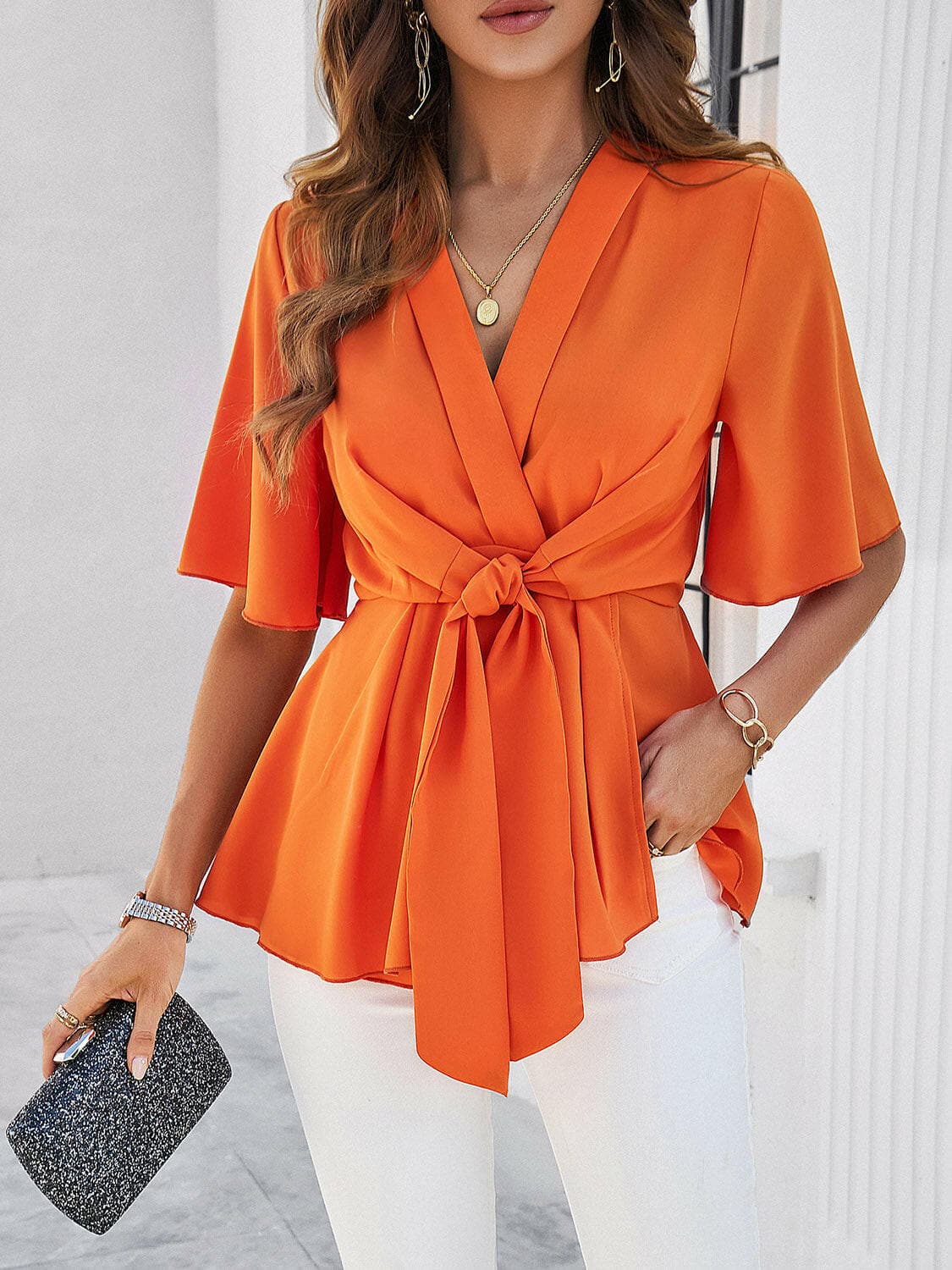 Surplice Tie Waist Half Sleeve Blouse.