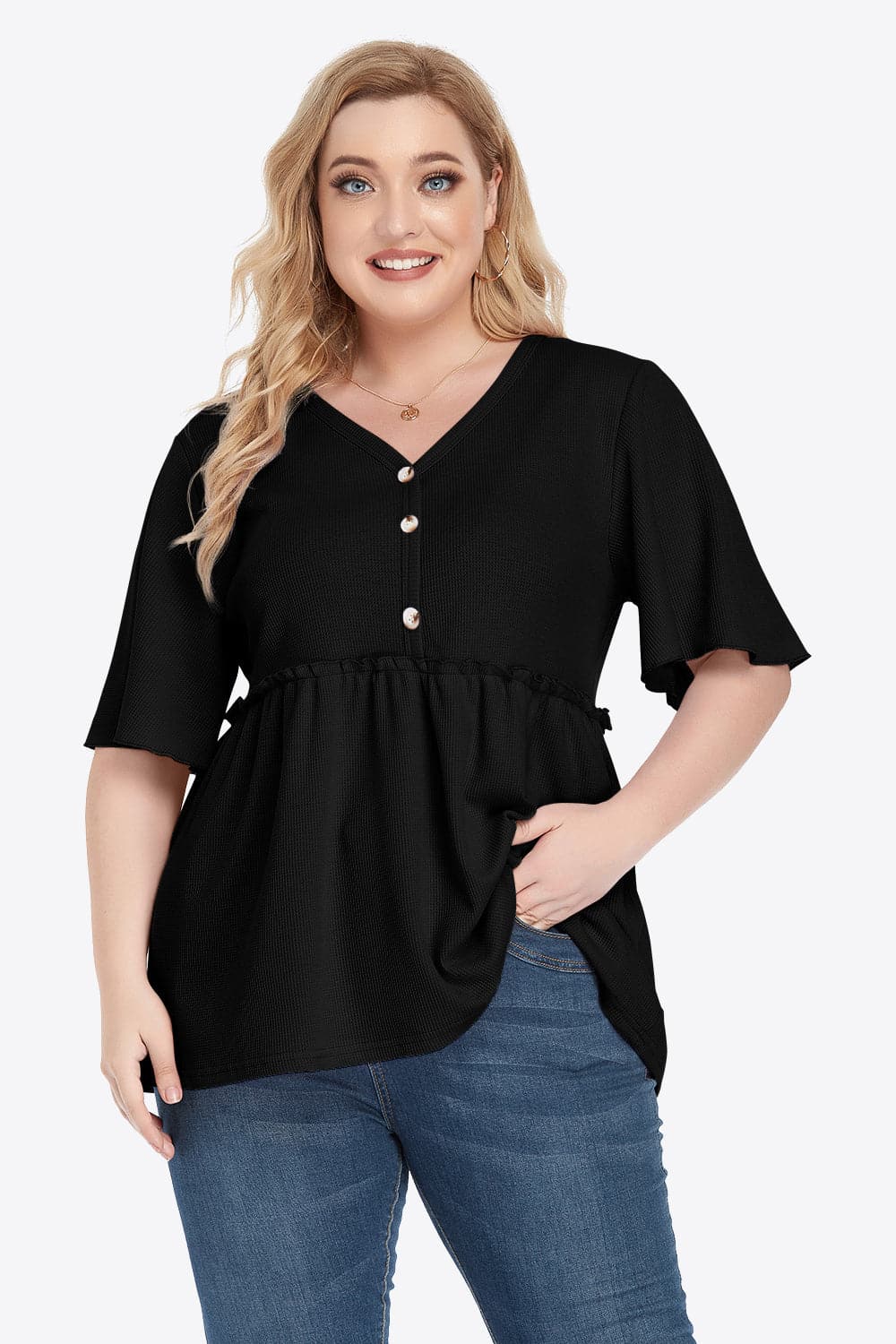 Plus Size Buttoned V-Neck Frill Trim Babydoll Blouse.