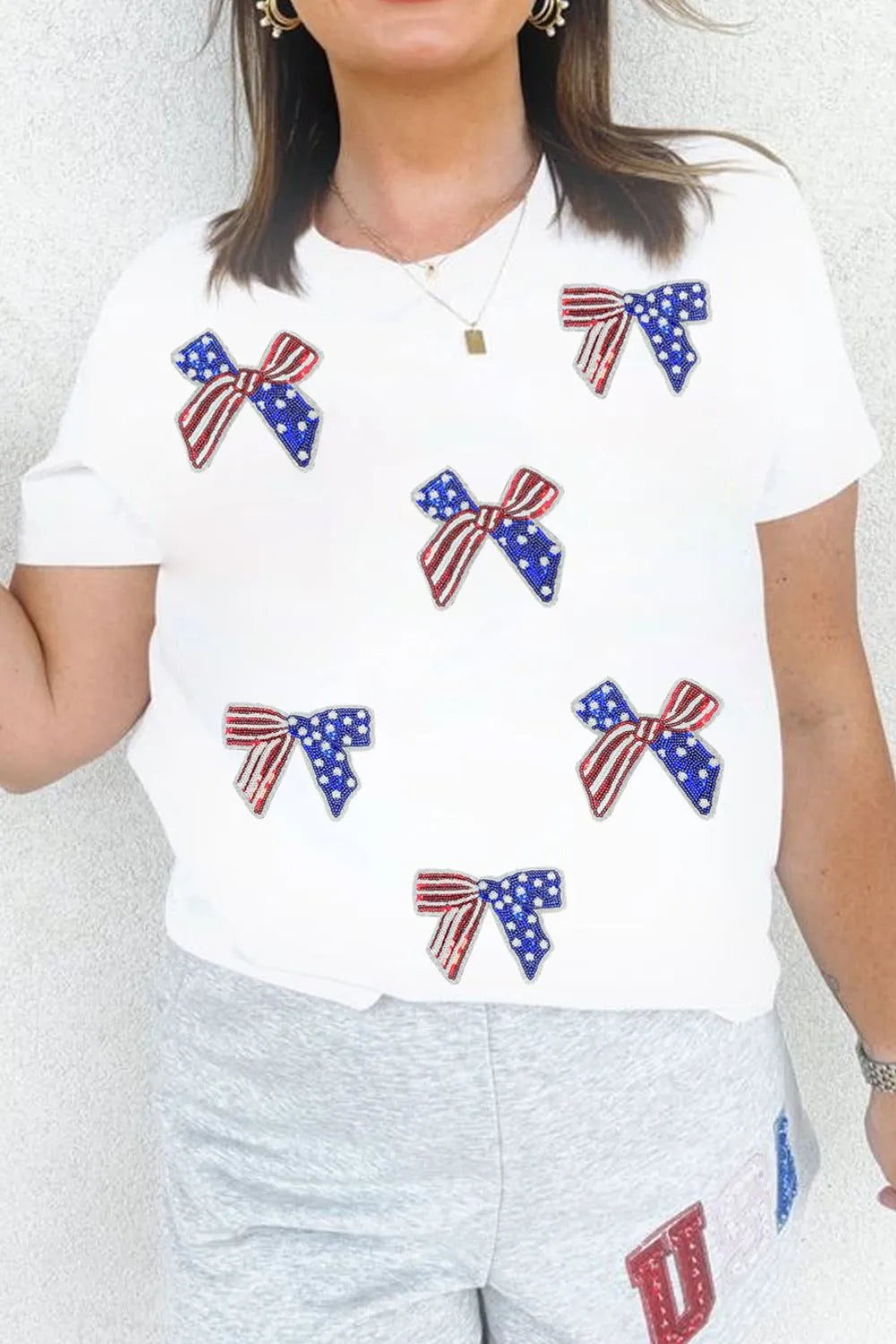 Sequin Flag Bow Pattern Crew Neck Patriotic Tee