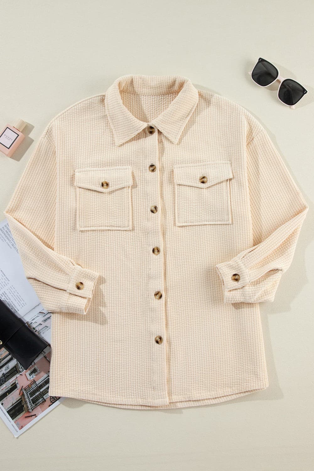 Pocketed Button Up Dropped Shoulder Shacket.