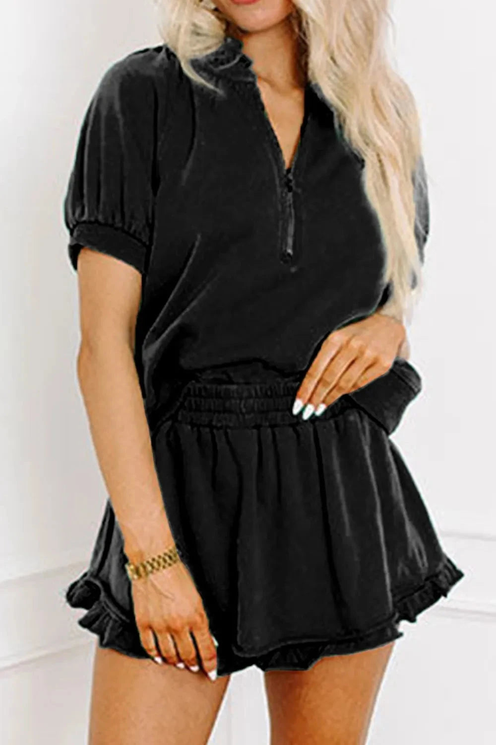 Frill Zip Front Puff Sleeve Top and Skort Set Simply Love