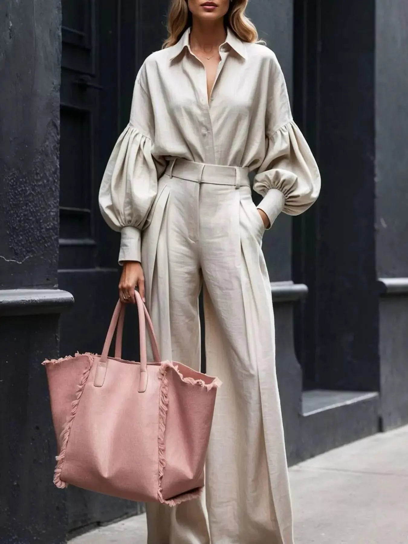 Lantern Sleeve Shirt and Wide Leg Pants Set Simply Love