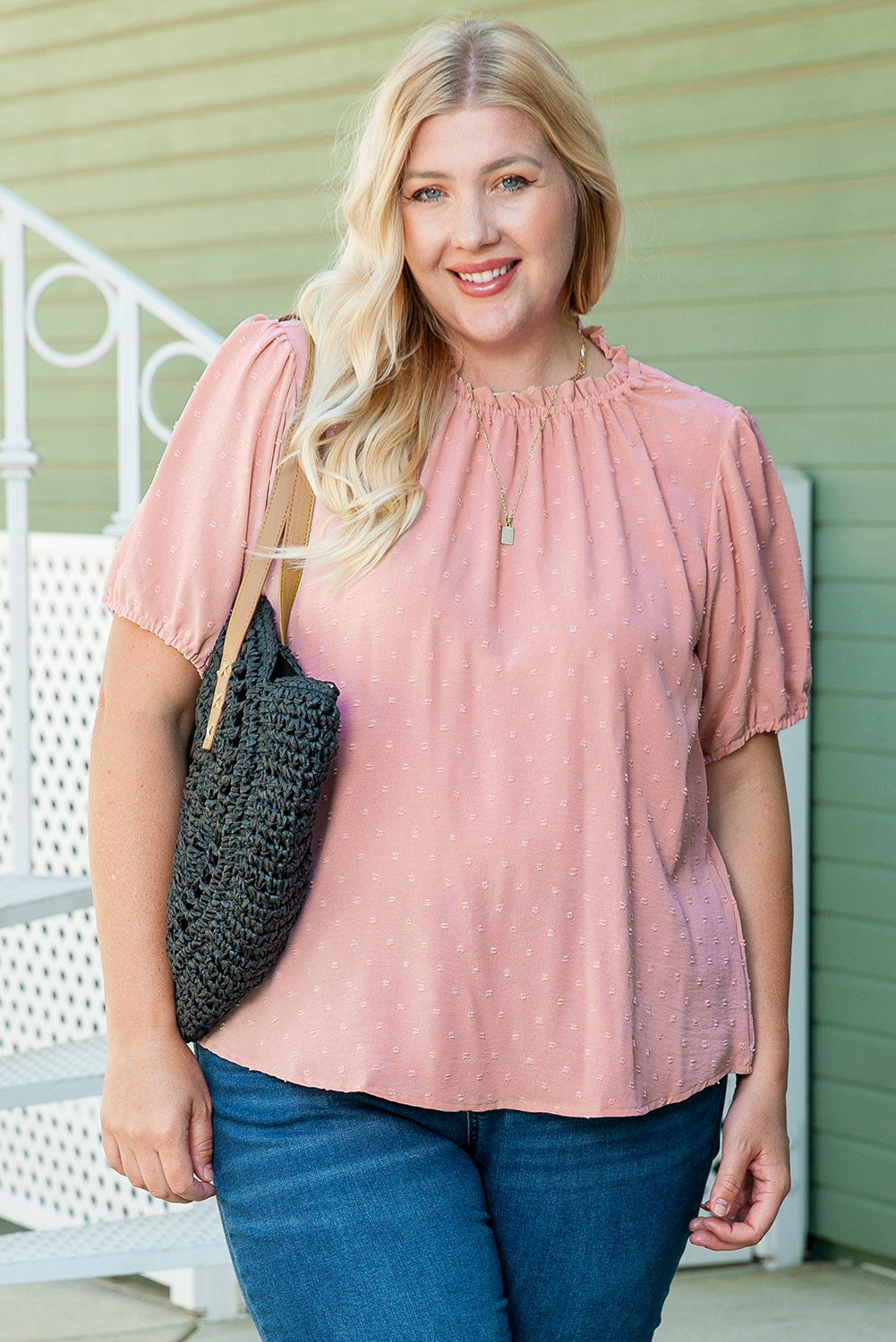 Chic pink plus size dot puff sleeve top