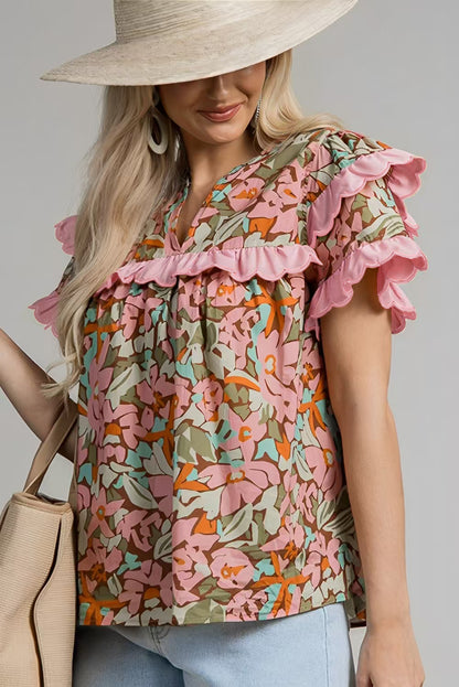 Multicolour Floral Tiered Ruffled Short Sleeve Blouse for Women