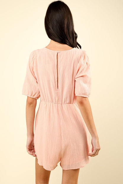 VERY J Lace Detail Puff Sleeve Romper with Pockets.