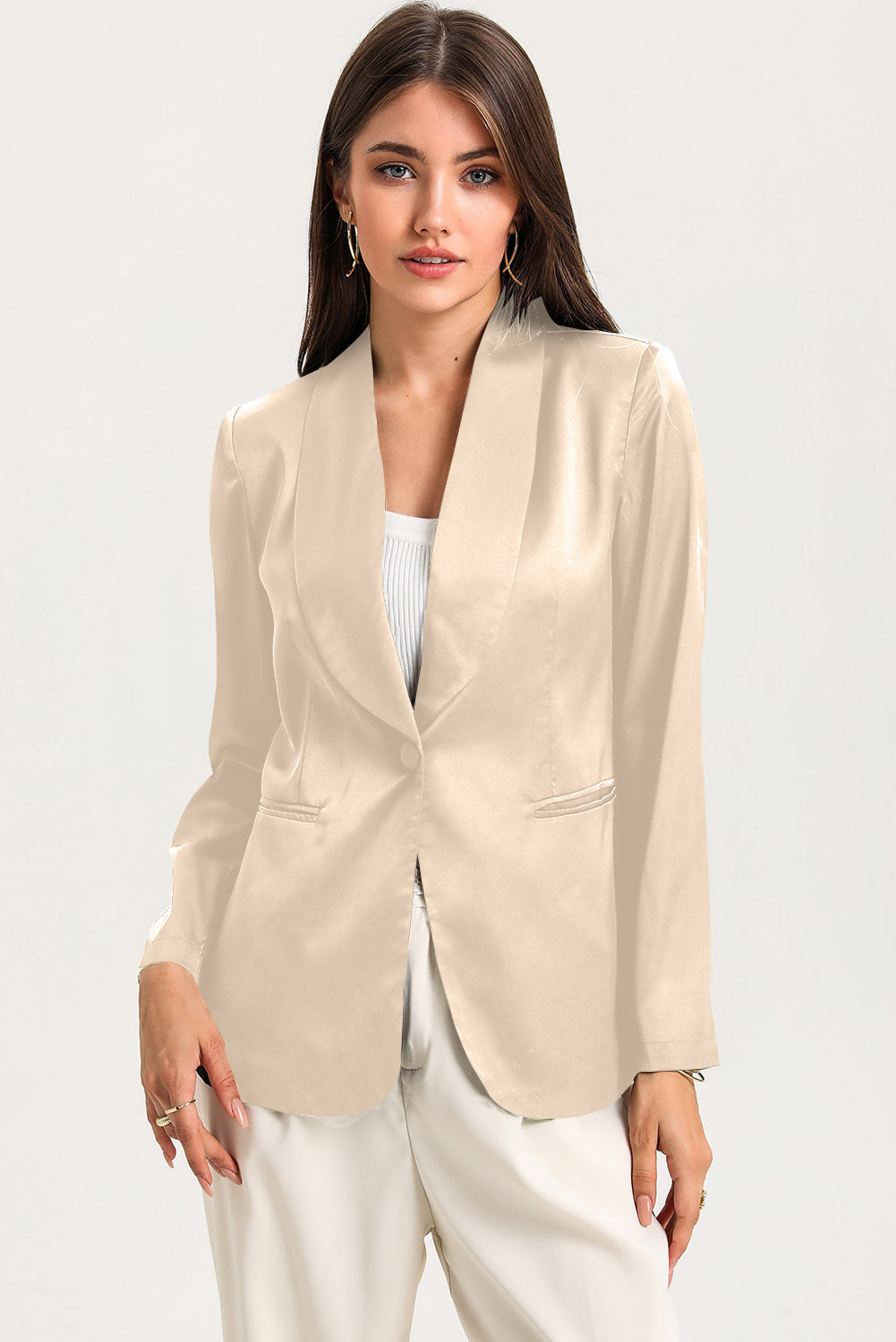 Elegant apricot blazer with collared neck and pockets