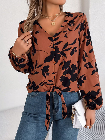 Printed V-Neck Long Sleeve Blouse.