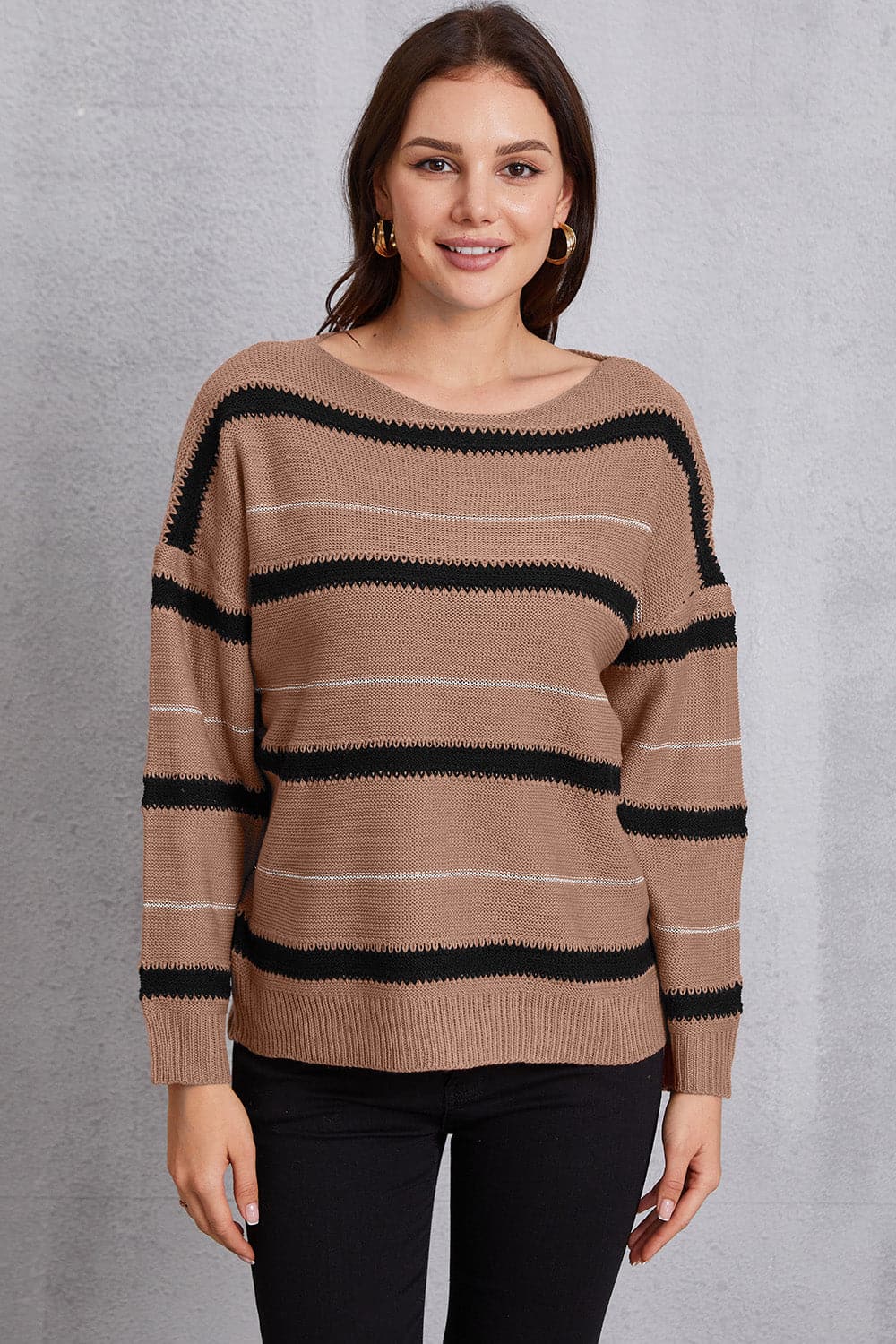 Striped Round Neck Dropped Shoulder Sweater.