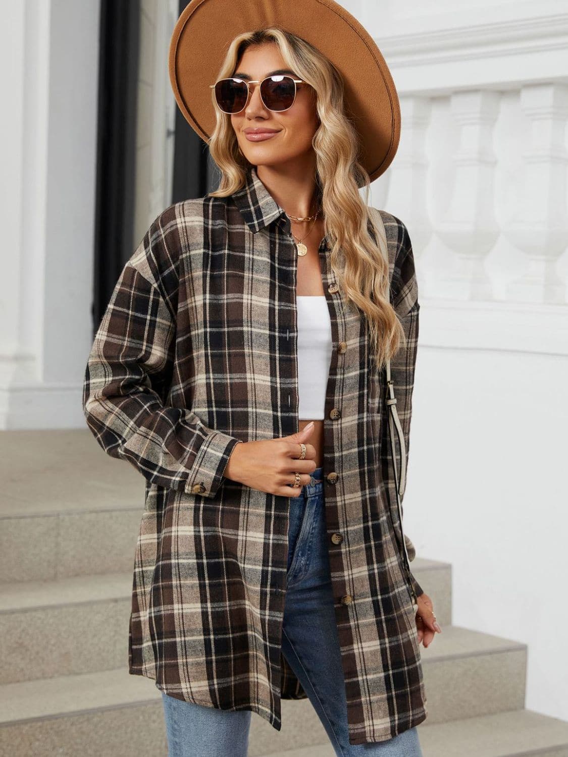 Plaid Collared Neck Long Sleeve Shirt.