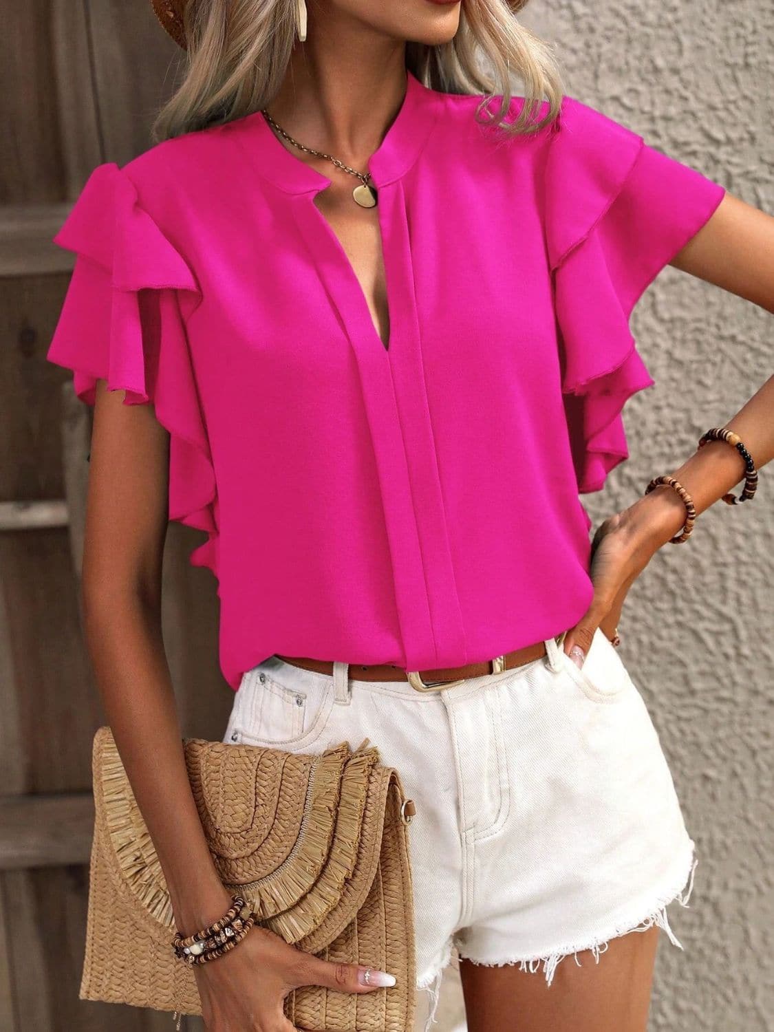 Ruffled Notched Short Sleeve Blouse.