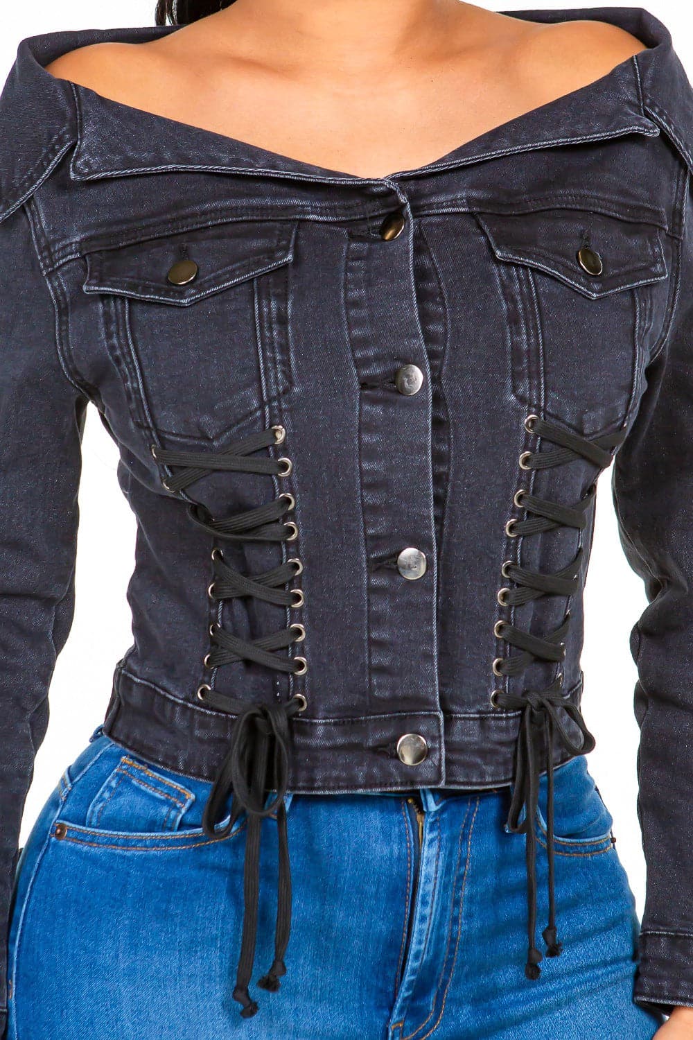 Trendy off-shoulder lace-up denim jacket for a chic look