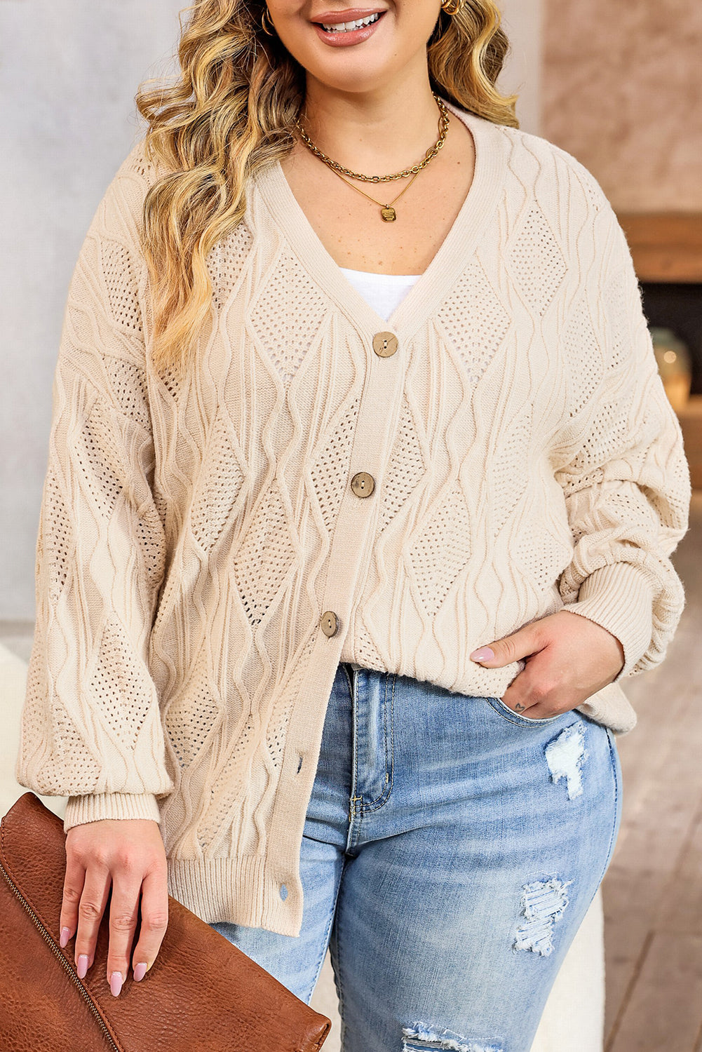 Apricot plus size hollow-out cardigan