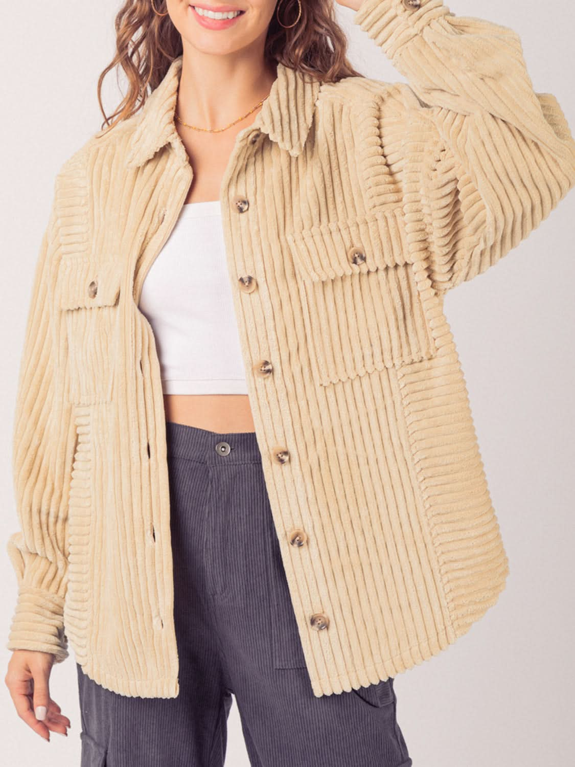 Button Up Long Sleeve Corduroy Jacket