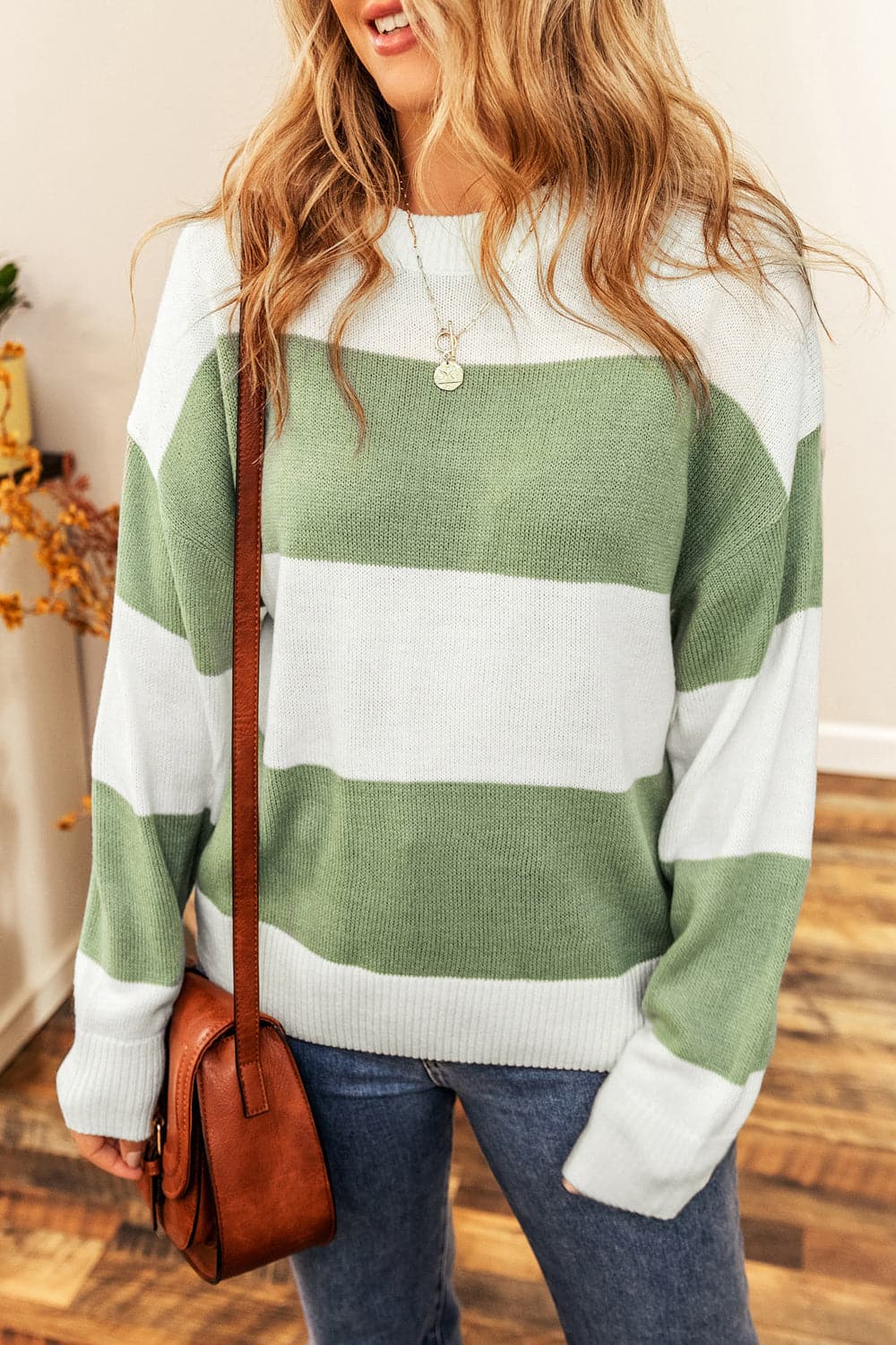 Color Block Round Neck Drop Shoulder Sweater.