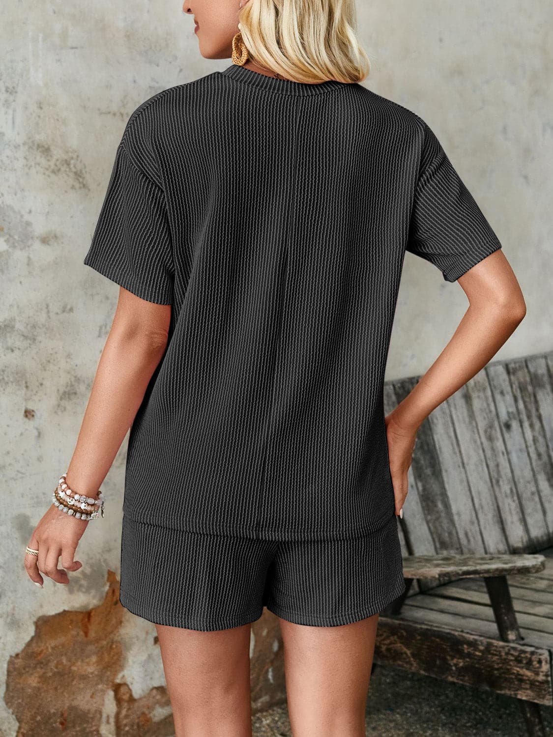 Textured Round Neck Short Sleeve Top and Shorts Set.