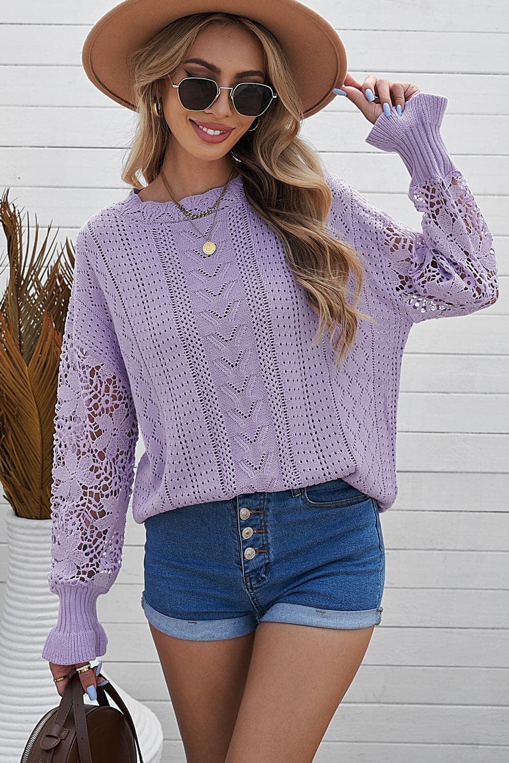 Openwork Lantern Sleeve Dropped Shoulder Sweater.