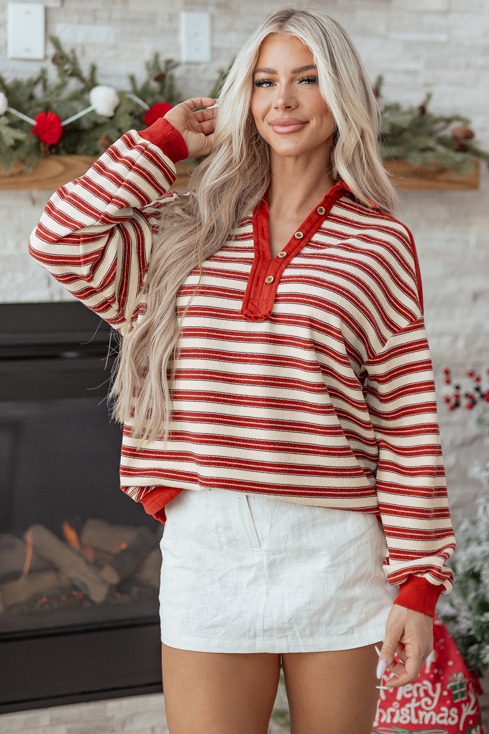 Red Stripe Buttoned V Neck Collared Drop Shoulder Top Love Salve