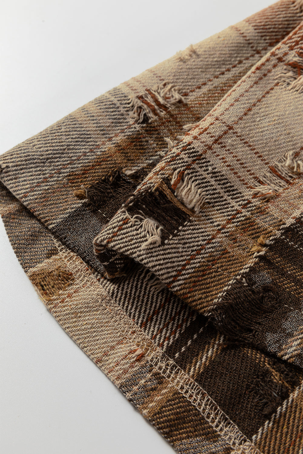 Oatmeal Boho Floral Plaid Patchwork Shacket With Distressed Details And Ruffled Sleeves In Waffle Knit Dear-Lover Dropshipping