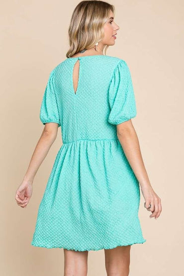 Culture Code Full Size Textured Round Neck Puff Sleeve Dress.