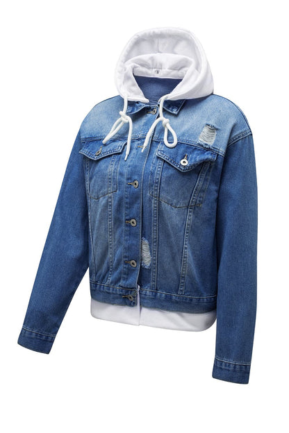 Distressed Hooded Denim Jacket.