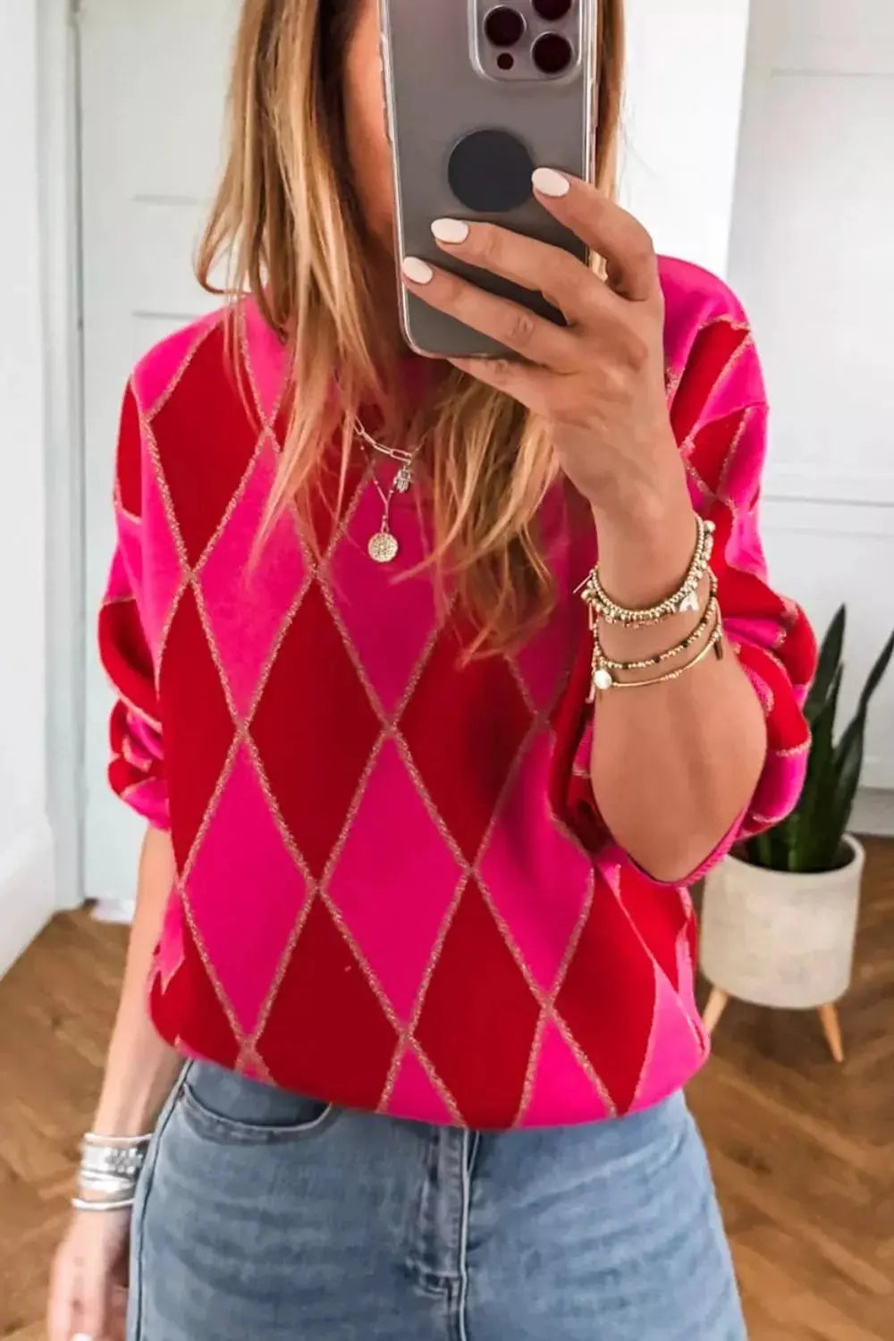 Argyle Pattern Long Sleeve Sweater Simply Love