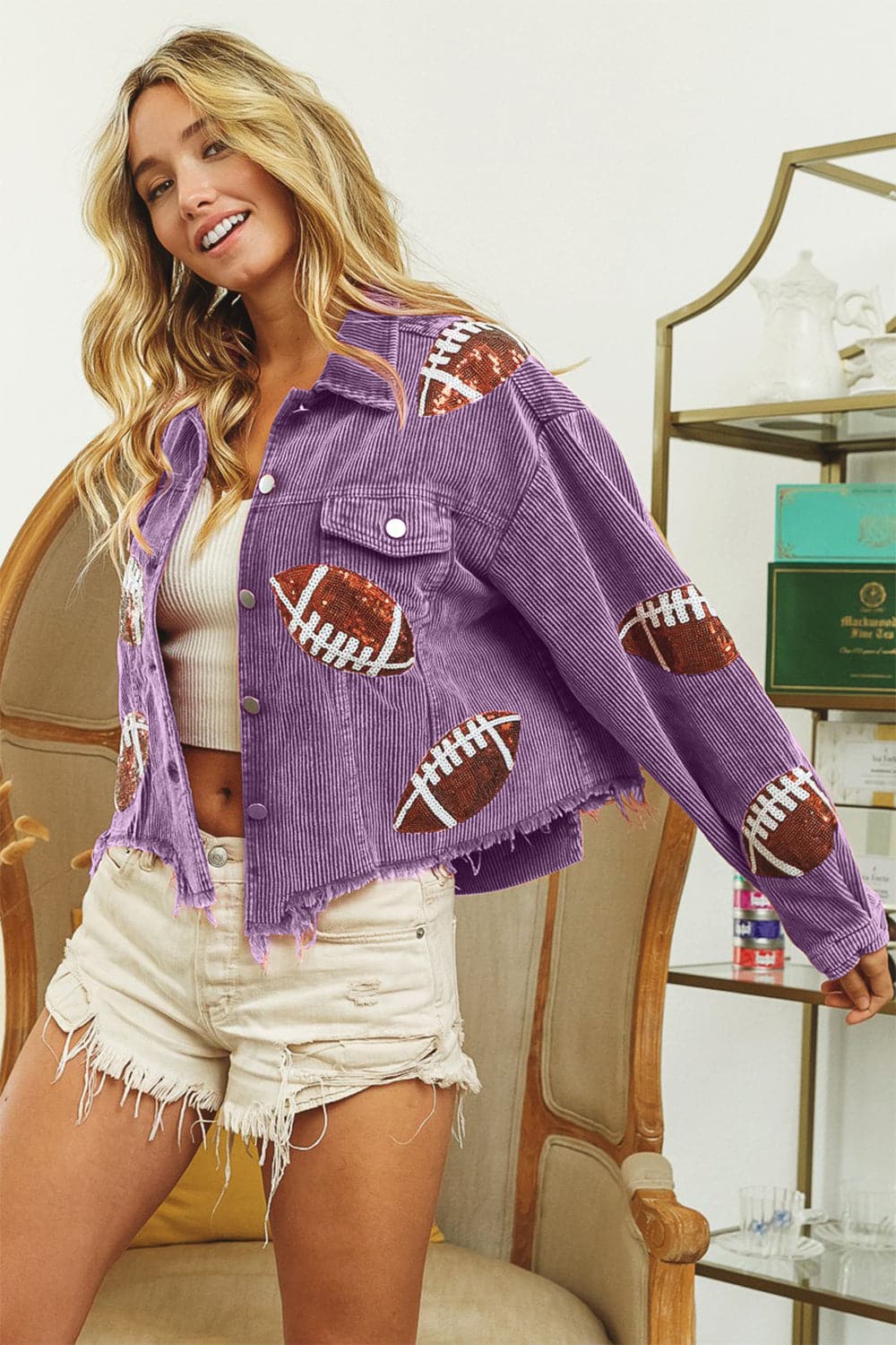 BiBi Football Sequin Embroidery Washed Corduroy Jacket.