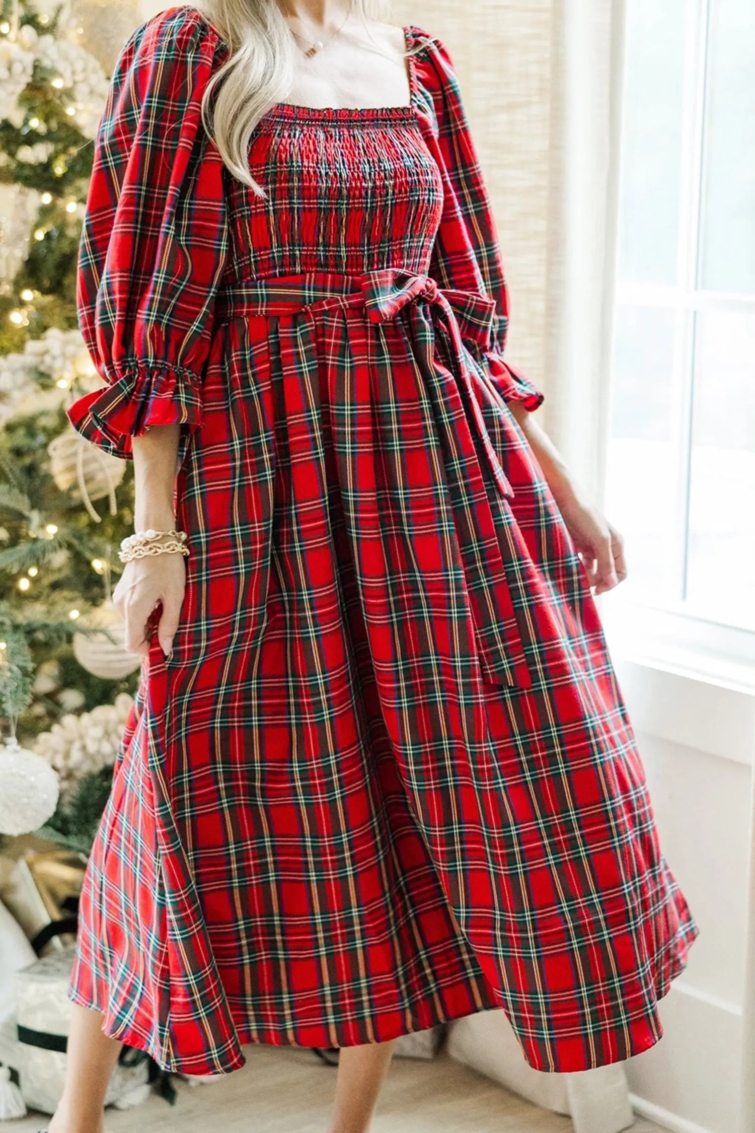 Red Tartan Plaid Square Neck Puff Sleeve Knot Waist Flared Midi Dress Dear-Lover Dropshipping