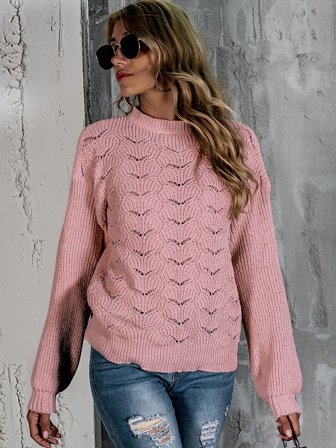 Openwork Mock Neck Long Sleeve Sweater.