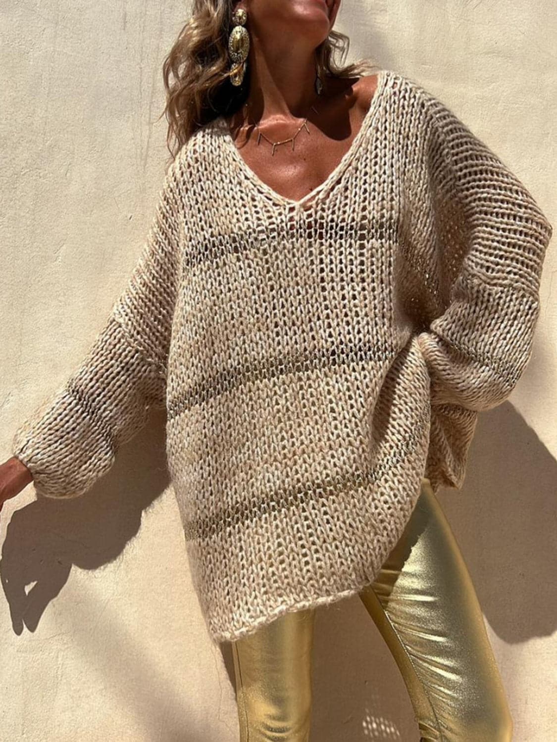 Openwork V-Neck Long Sleeve Sweater.