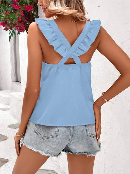 Ruffled Cap Sleeve Blouse with Crisscross Back